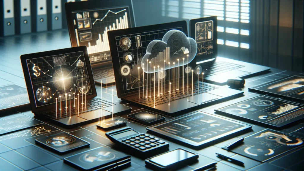 Imagem representativa da Contabilidade Digital com elementos tecnológicos e financeiros - ilustração