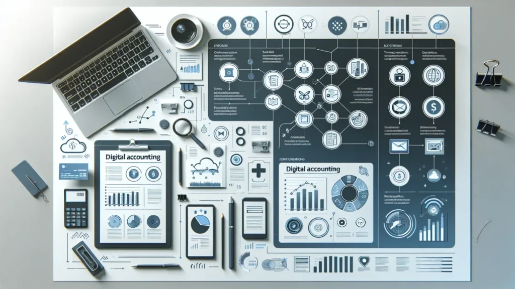 Imagem representativa da Contabilidade Digital com elementos tecnológicos e financeiros - exemplo prático