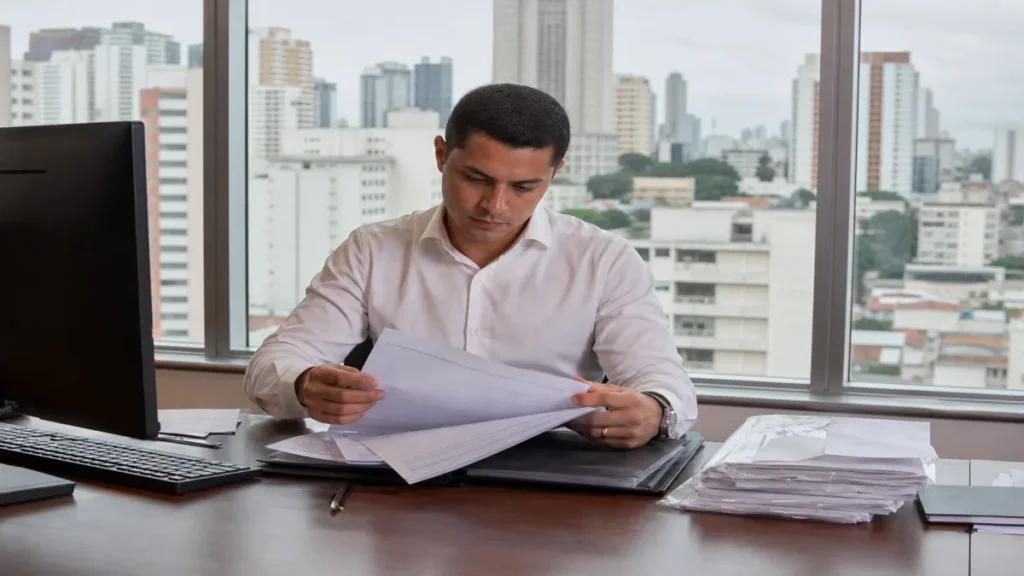 Dicas essenciais para abrir empresa sp com sucesso 2 Especialista revisando documentos de licenças municipais relacionados à abrir empresa sp em mesa de trabalho.
