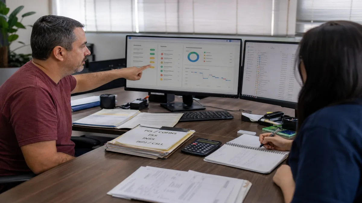 Contabilidade Online: Empresário analisa painel fiscal e calendário de obrigações em escritório moderno com assi.