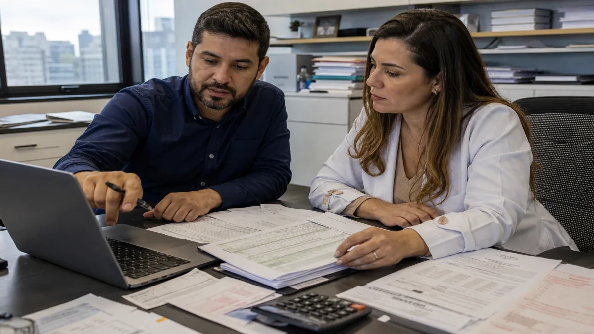 contador e médica revisando planilhas e documentos de contabilidade para consultórios em escritório de São Paulo