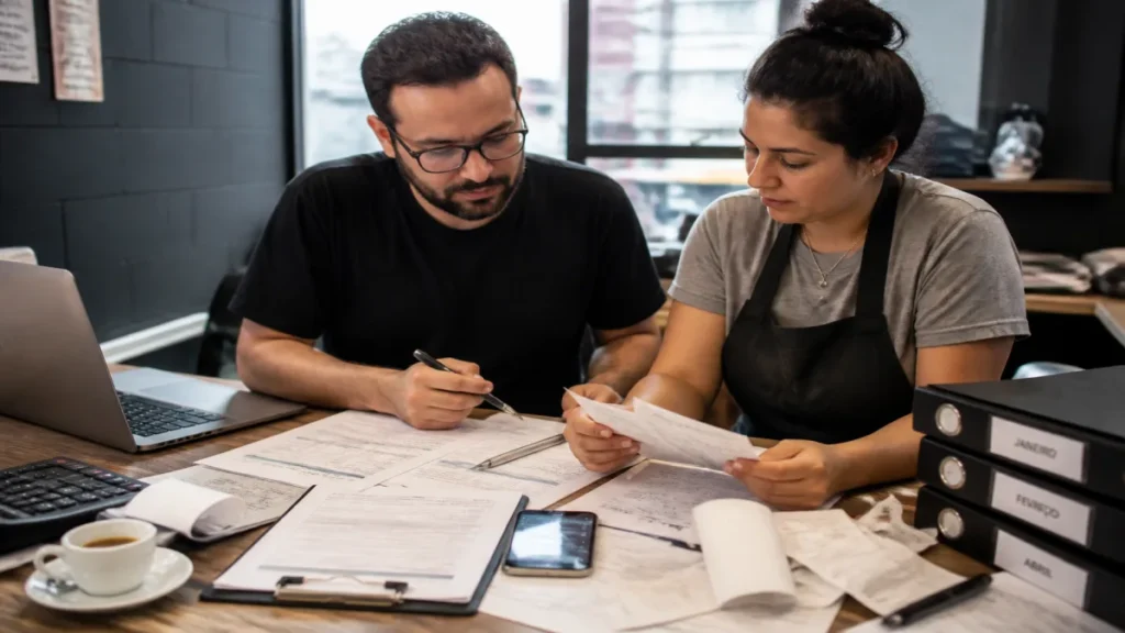 Contabilidade para Restaurantes: Guia Prático de Gestão Fiscal 2 Especialista revisando documentos de como conciliar compras, perdas e vendas por canal relacionados à contabilidade para.