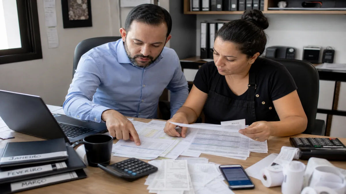 contador analisando relatórios de contabilidade para restaurantes com notas fiscais e sistema de caixa em São Paulo