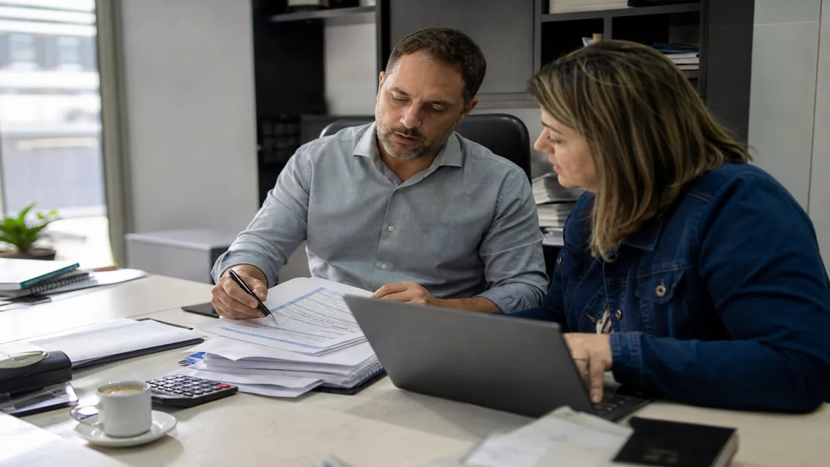 Contador e cliente analisando relatórios e notas fiscais para planejamento tributário em escritório em São Paulo