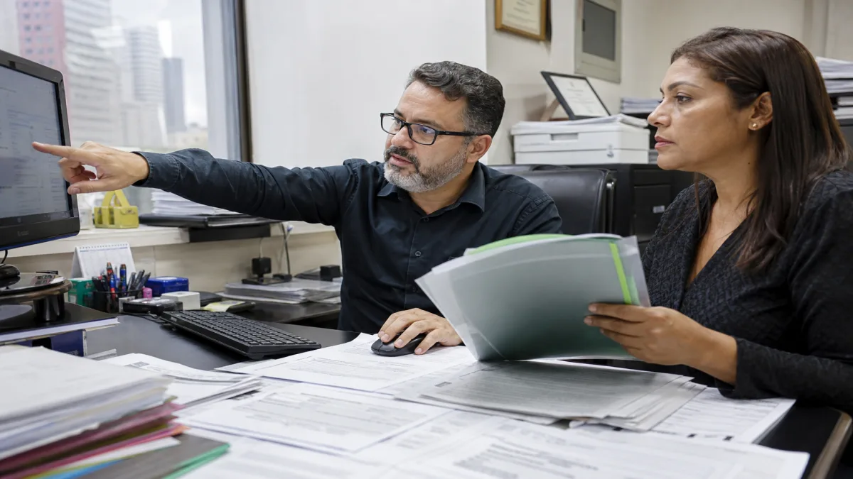 Contador analisa painel fiscal no computador enquanto discute documentos de regularização de CNPJ com colega em escritório