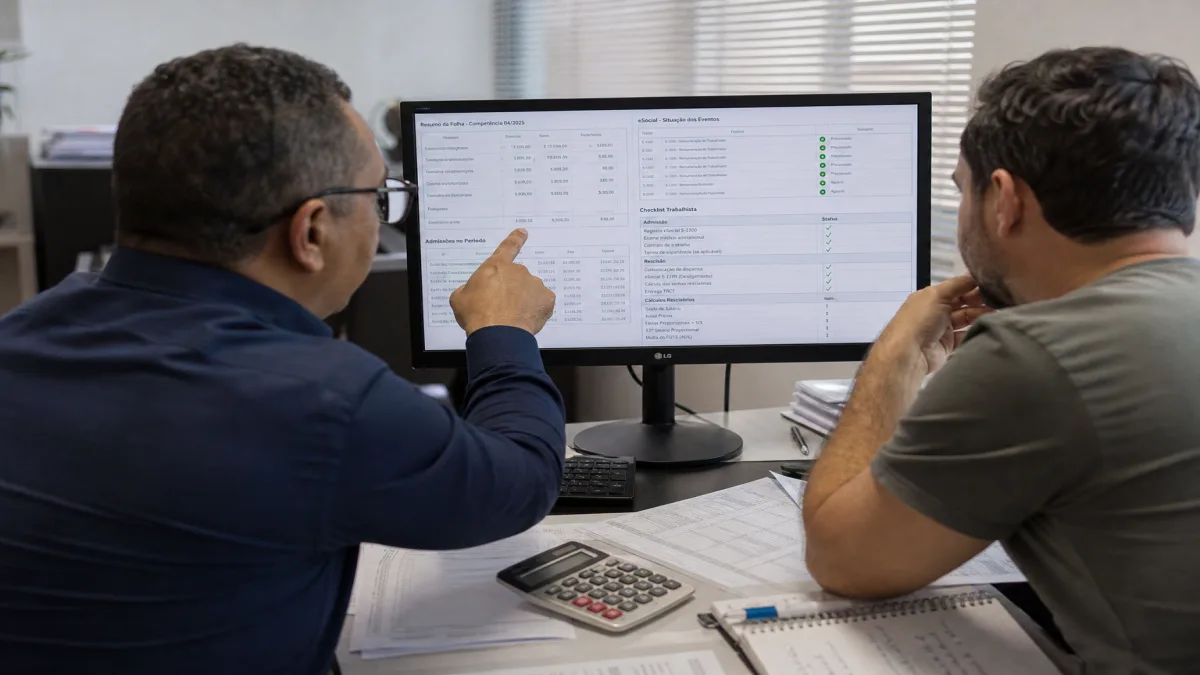 Analista e cliente revisam relatórios do eSocial em consultoria trabalhista contábil, com calculadora e anotações