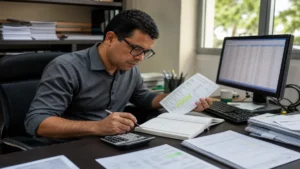Analista revisando relatórios contábeis e documentos fiscais em mesa com notebook e calculadora de pequenas empresas.