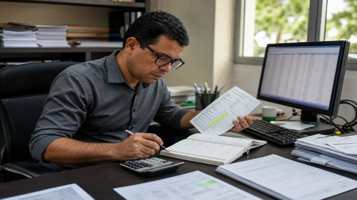 Analista revisando relatórios contábeis e documentos fiscais em mesa com notebook e calculadora de pequenas empresas.