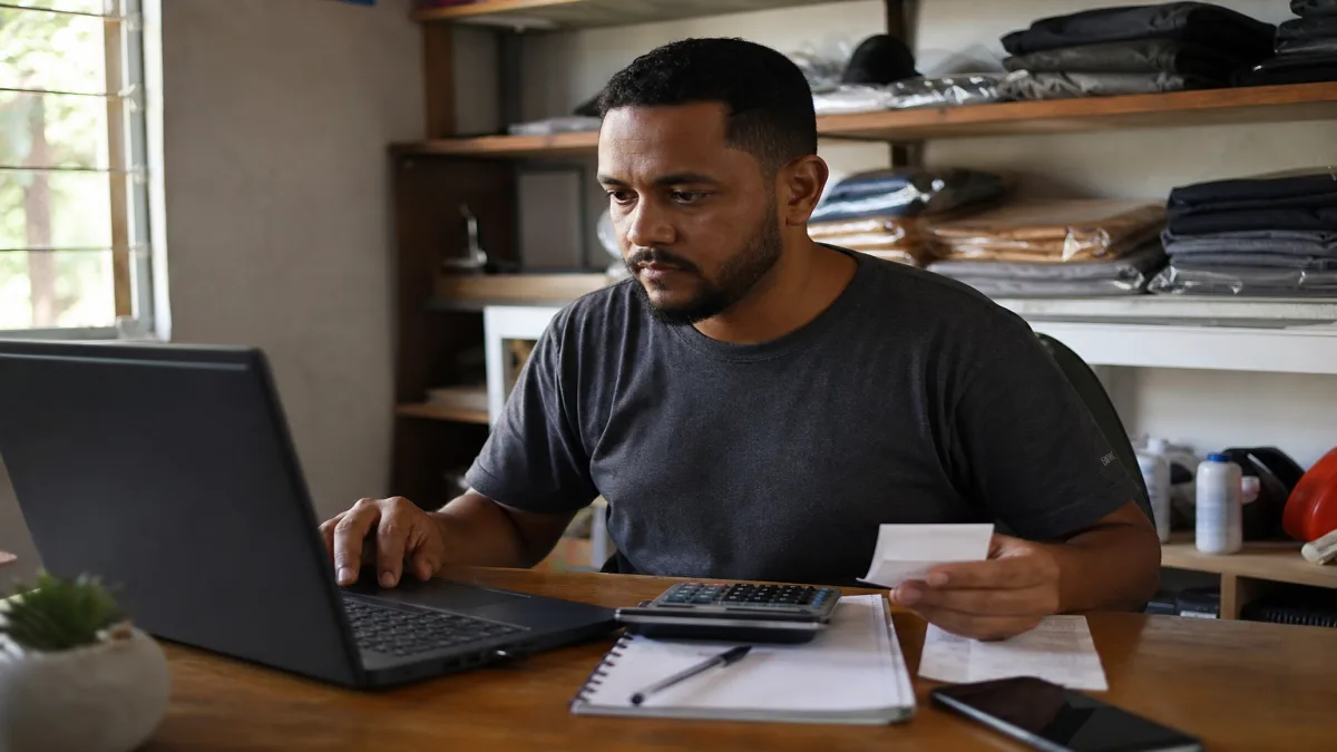 Microempreendedor analisando a guia DAS mensal no notebook antes de efetuar o pagamento