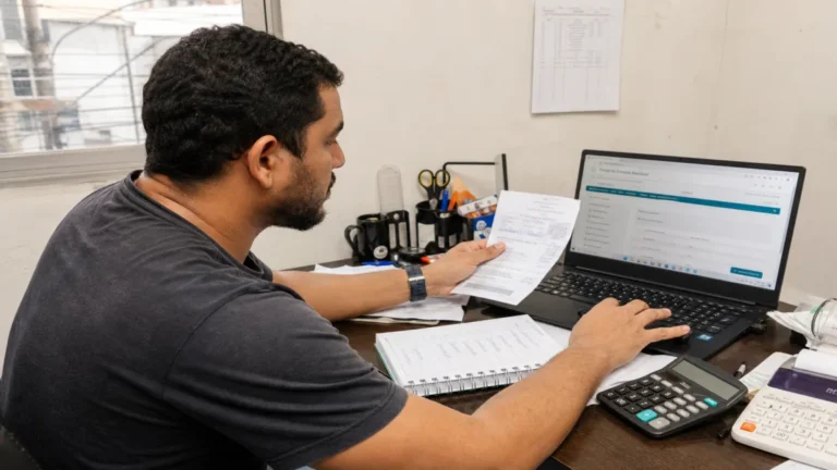 Contabilidade em São Paulo – SP 7 Microempreendedor revisando dados da declaração anual do MEI no notebook, cercado de recibos e notas fiscais organizados