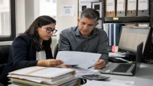 Contador e assistente analisando relatórios fiscais e notas eletrônicas em escritório empresarial de regime tributário.