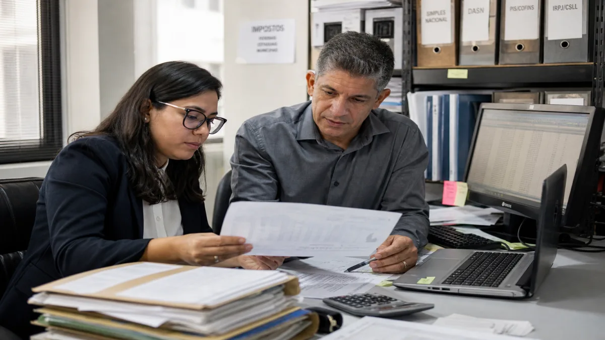 Contador e assistente analisando relatórios fiscais e notas eletrônicas em escritório empresarial de regime tributário.