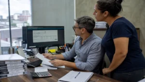 Contador analisa portal fiscal e comprovantes com cliente para regularização de débitos de pequena empresa em São Paulo
