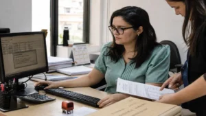 eSocial para empresas: Analista de RH verifica folhas de ponto e eSocial em escritório contábil em São Paulo, co.
